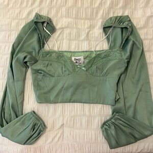 Princess Polly Sage Green Long Sleeve Satin Crop Top size 2
